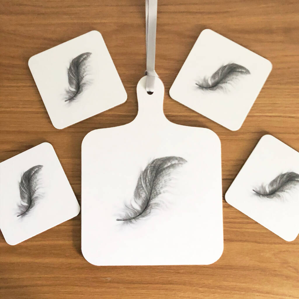 Feather Mini Chopping Board And Coasters Gift Set, 1 of 5