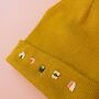 Unisex Hand Embroidered Mustard Beanie With Sushi, thumbnail 3 of 6