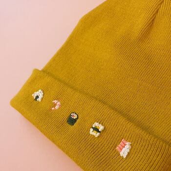 Unisex Hand Embroidered Mustard Beanie With Sushi, 3 of 6