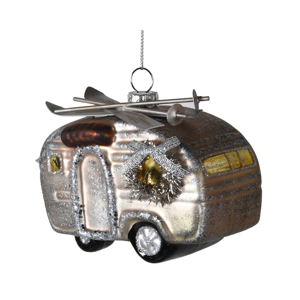Silver Campervan With Skis Tree Decoration