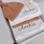 Personalised New Baby Gift Set, Handmade Newborn Blanket And Comforter With Wooden Teether, thumbnail 5 of 8