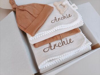Personalised New Baby Gift Set, Handmade Newborn Blanket And Comforter With Wooden Teether, 5 of 8