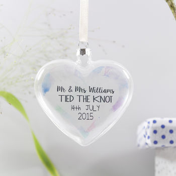 Personalised 'Wedding' Watercolour Flat Heart Bauble, 2 of 5
