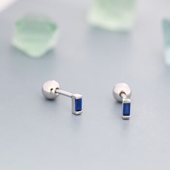 Sterling Silver Extra Tiny Sapphire Blue Baguette Cz Screw Back Earrings, 6 of 12