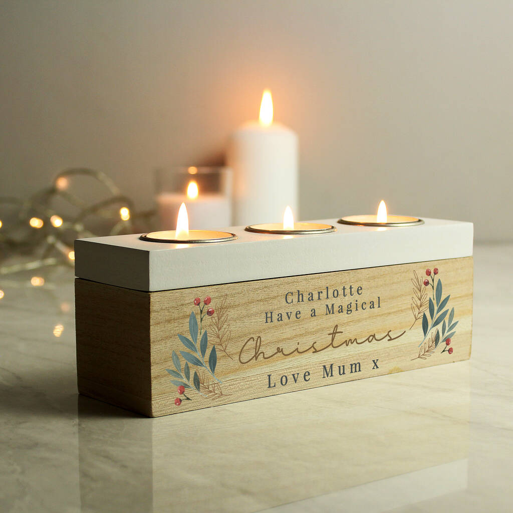 Personalised Christmas Foliage Triple Tea Light Holder Box, 1 of 5