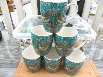 Set Of Six Aspen Mugs In Teal Strawberry Thief Design, 3 of 11