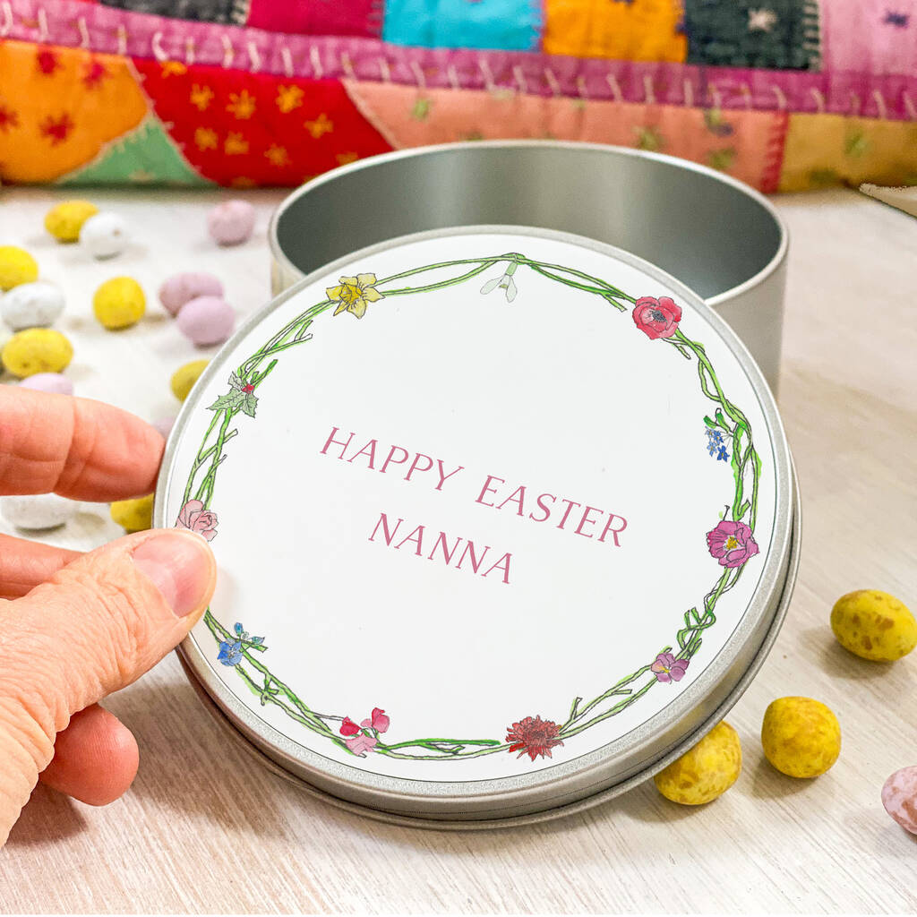 Personalised Floral Wreath Easter Eggs Round Tin, 1 of 2