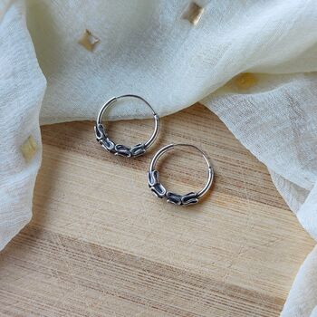 Silver Sterling Oxidised Wired Tribal Statement Hoops, 2 of 4