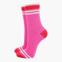 Glitter Mid Calf Ribbed Cotton Socks Varsity Striped Cuff Pink Red, thumbnail 4 of 4