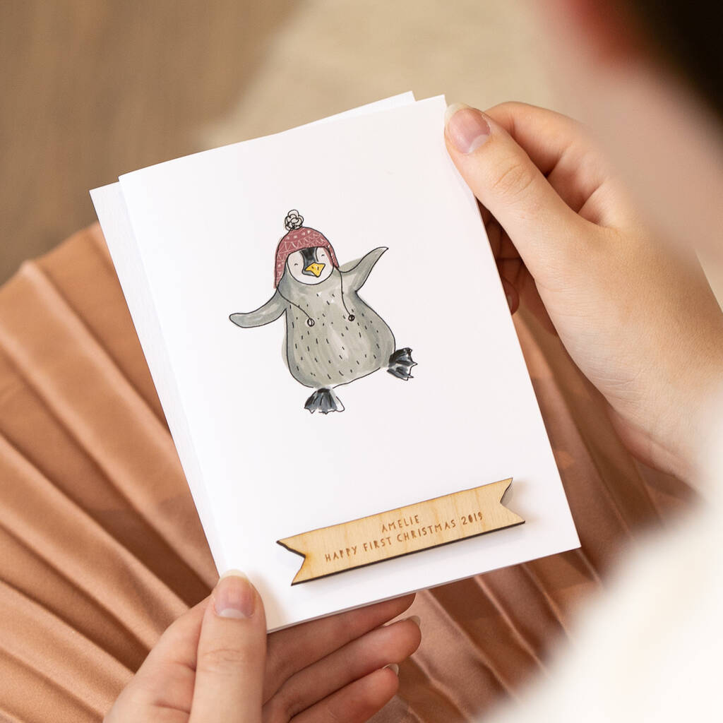 Personalised Baby Penguin First Christmas Card, 1 of 2