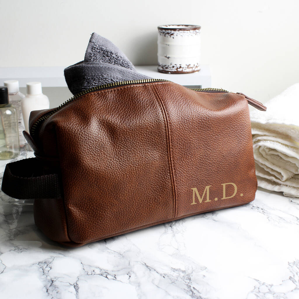 Personalised Initials Faux Leather Brown Wash Bag, 1 of 4