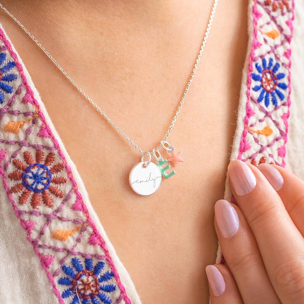 Esme Disc And Enamel Charms Name Necklace, 1 of 7