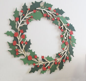 Hand Painted Holly And Red Berry Wooden Christmas Wreath, 4 of 4