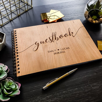 Personalised Engraved Wooden Wedding Guest Book, 7 of 9