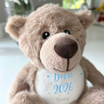 Personalised Born In 2026 Brown Teddy Bear New Baby Arrival Gift, 5 of 7