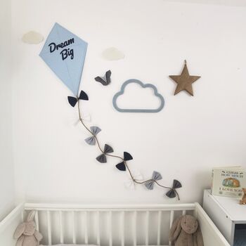 Dream Big Nursery Decor Wall Hanging, Baby Blue, Grey And White Fabric Kite, 4 of 9