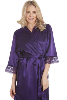 British Made Purple Long Satin Dressing Gown With Lace Detail Ladies Size 8 To 28 UK, 4 of 5