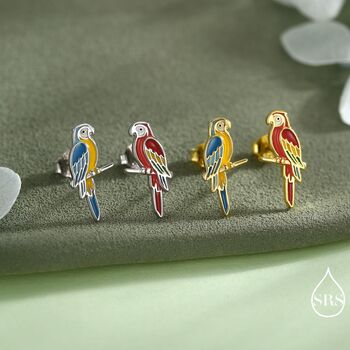 Mismatched Macaw Parrot Bird Stud Earrings In Sterling Silver, 5 of 12
