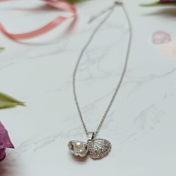 Pearl Shell Necklace – Opens To Reveal A Pearl, Silver Plated With Cubic Zirconia Detail, 6 of 8