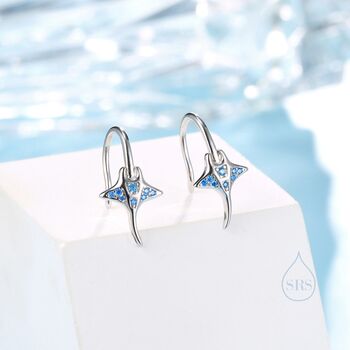 Sterling Silver Manta Ray Fish Drop Hook Earrings With Blue Cz, 3 of 12