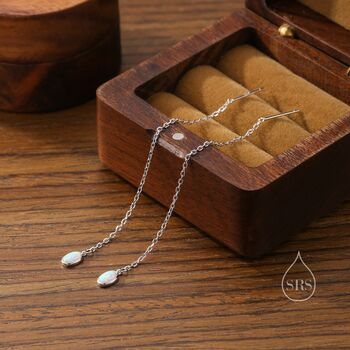 Sterling Silver Oval Opal Threader Earrings, 4 of 11