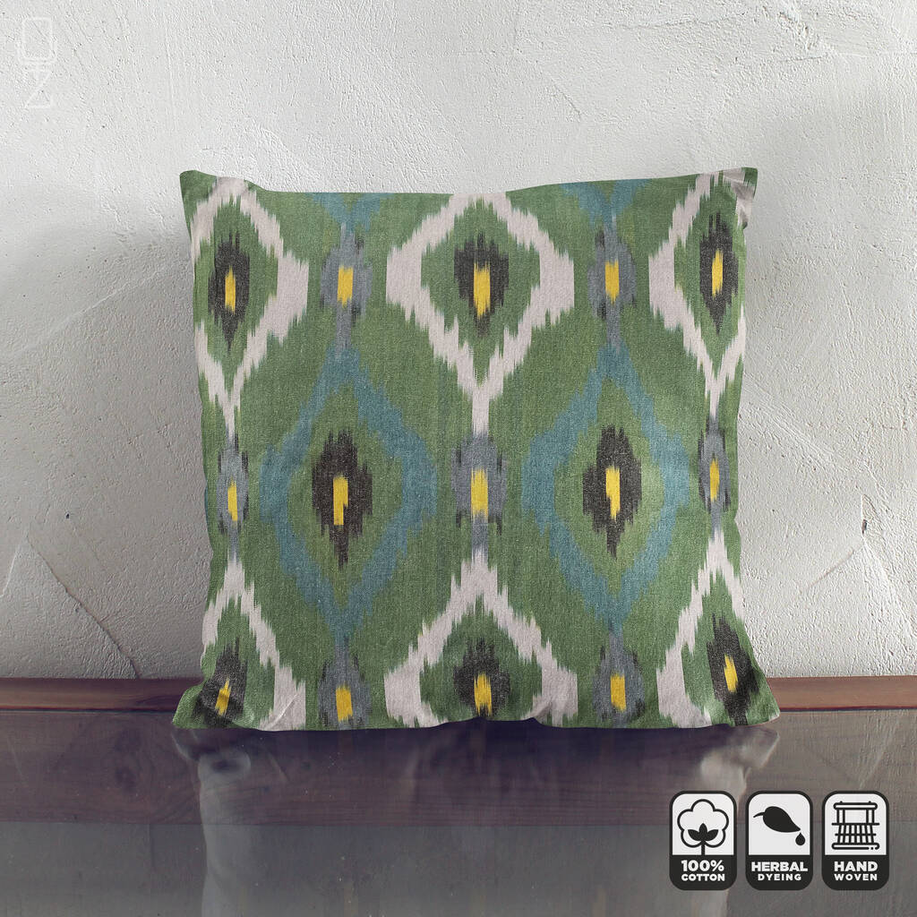 Handwoven 100% Cotton Green Ikat Cushion Cover, 1 of 11