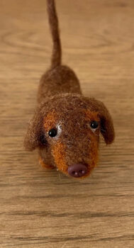 Needle Felted Handmade Tiny Dachshund/Long Haired/Black And Tan/Red/Chocolate And Tan, 9 of 9