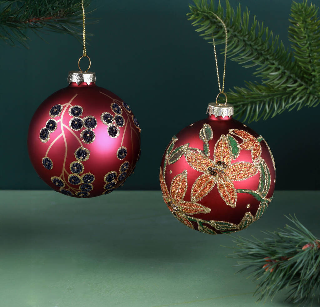 G Decor Hand Painted Glass Christmas Bauble Hanging Decoration Winter Berry Branch Or Golden Poinsettia Red, 1 of 4