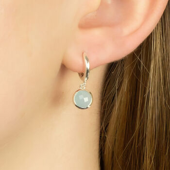 Sterling Silver Huggie Hoop Earrings With Round Seafoam Chalcedony Charms, 3 of 8