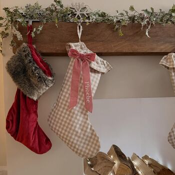 Personalised Beige Gingham Stocking Velvet Bow, 2 of 10