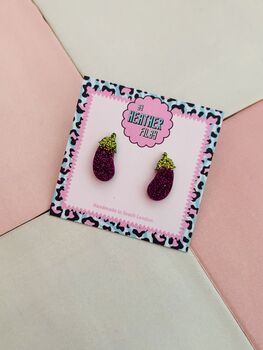 Aubergine Glitter Resin Studs / Chef Gift / Fun Food Inspired Jewellery / Handmade Resin Earrings, 2 of 5