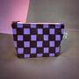 Small Cosmetic Bag Purple Checkered Pattern On Burgundy, thumbnail 1 of 3