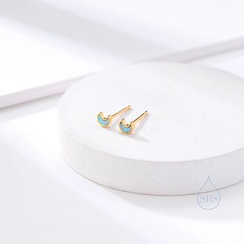 Extra Tiny Opal Moon Stud Earrings In Sterling Silver, 2 of 11