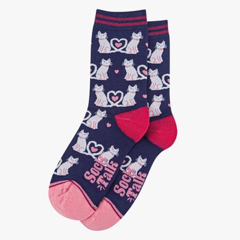 Women's Bamboo Socks White Cats In Love Navy, 2 of 4