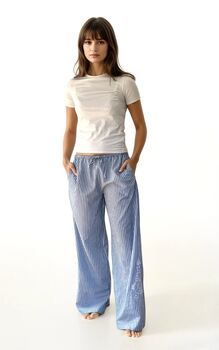 Santorini Organic Cotton Wide Leg Trousers – Blue Stripe With Embroidery, 3 of 5