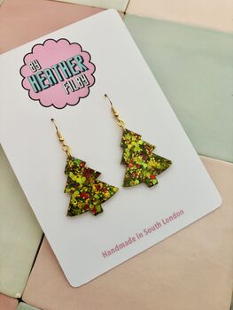 Green And Red Christmas Tree Glitter Resin Earrings / Traditional Holiday Jewellery / Christmas Gift / Secret Santa Gift, 3 of 10