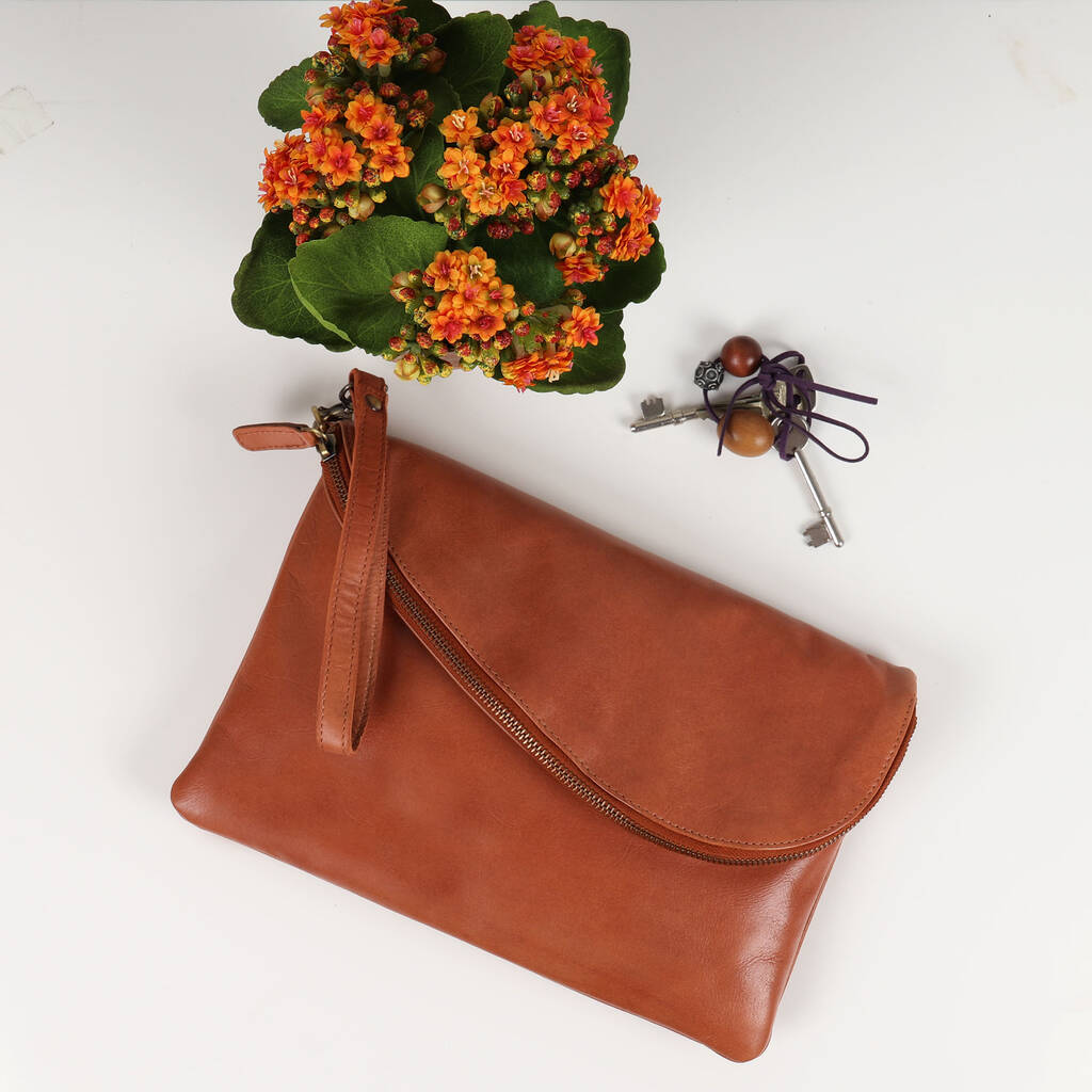 Leather Clutch Evening Bag With Wristlet, Tan By The Leather Store