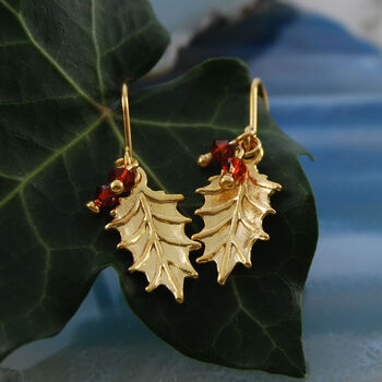 Holly Leaf Gold Plated Silver Garnet Christmas Necklace, 3 of 6