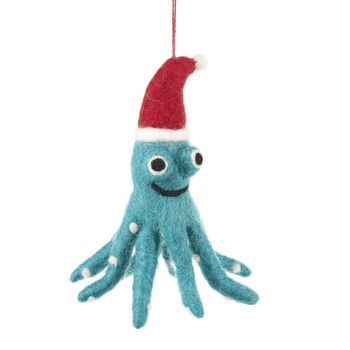 Christmas Octopus Fair Trade Handmade Felt Decoration, 2 of 9