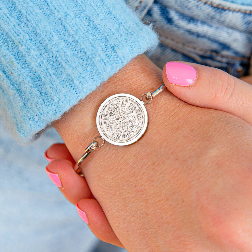 60th Birthday 1962 Sixpence Coin Bangle Bracelet, 1 of 9