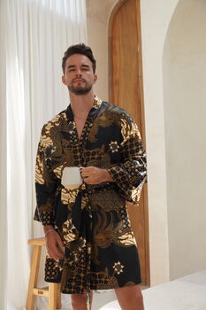 Black Unisex Batik Silk Blend Kimono Robe Jacket, 6 of 10
