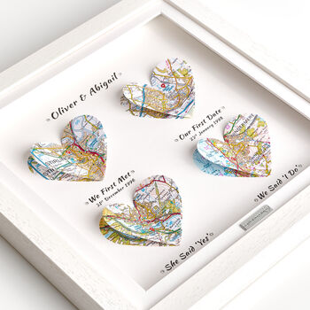 Personalised 3D Heart Map Milestone Locations Framed Wedding Print Gift, 6 of 12