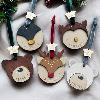 Hand Painted Personalised Wooden Fox Christmas Decoration – My First Christmas Bauble, 3 of 8