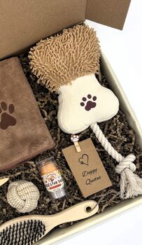 Natural Dog Pamper Gift Box | Organic Balm, Blanket, Toys, Bamboo Grooming Set Eco Friendly Puppy Spa Care Package, 3 of 7