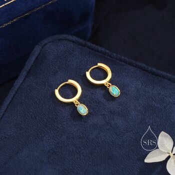 Sterling Silver Dangling Oval Aqua Green Opal Hoop Earrings, 8 of 12