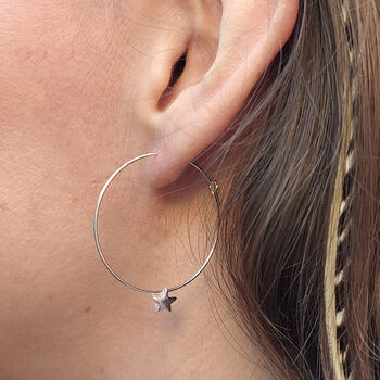 Sterling Silver Large Hoop Earrings With Star Drops, 2 of 2
