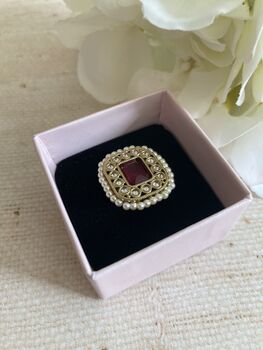 Gold Maroon Kundan Adjustable Ring, 3 of 8