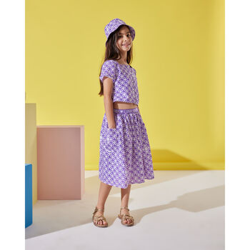 Purple Floral Girls Cotton Shirt, Skirt And Hat Set, 2 of 3