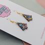 Small Dark Blue, Gold And Pink Glitter Christmas Tree Earrings, thumbnail 2 of 4