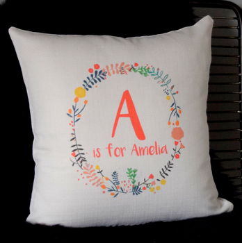 Personalised Kids Floral Wreath Initial Cushion, 2 of 4